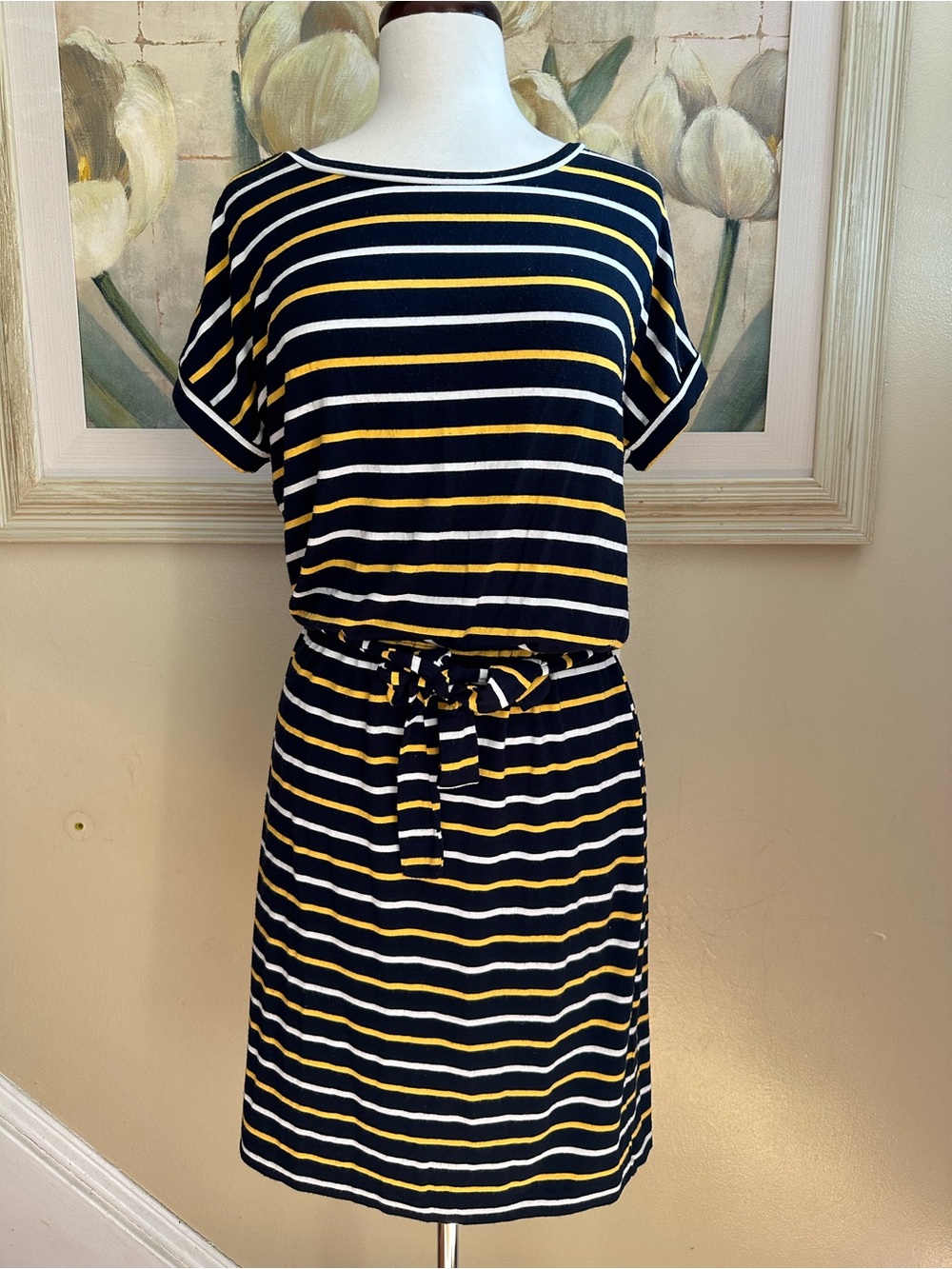 Banana Republic Navy Yellow Striped T-shirt Dress Stretchy Tie Waist Size Small